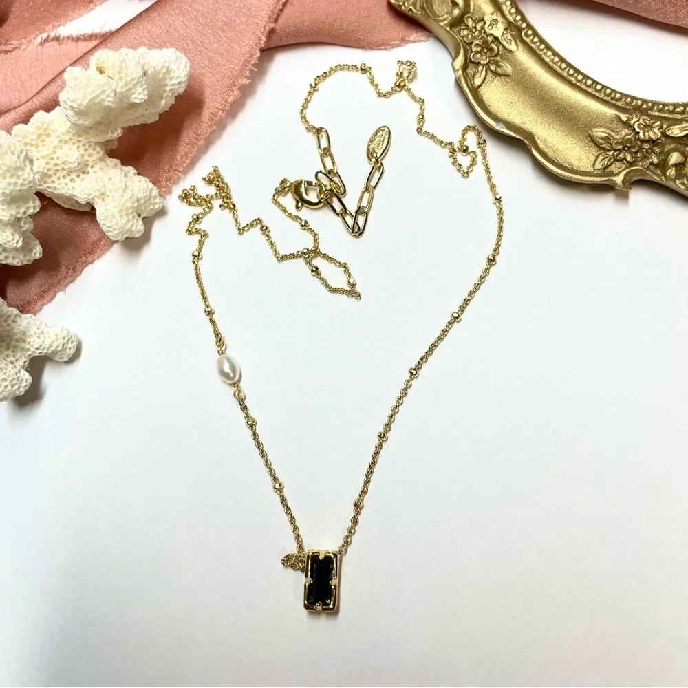 Gold Dainty Necklace with Black‎ Pendant and Pearl Accent Minimalist - Picture 3 of 6